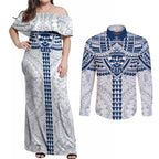 Personalized Geelong Cats Couples Matching Off Shoulder Maxi Dress and Long Sleeve Button Shirt Polynesian Tribal Pattern Heritage Football