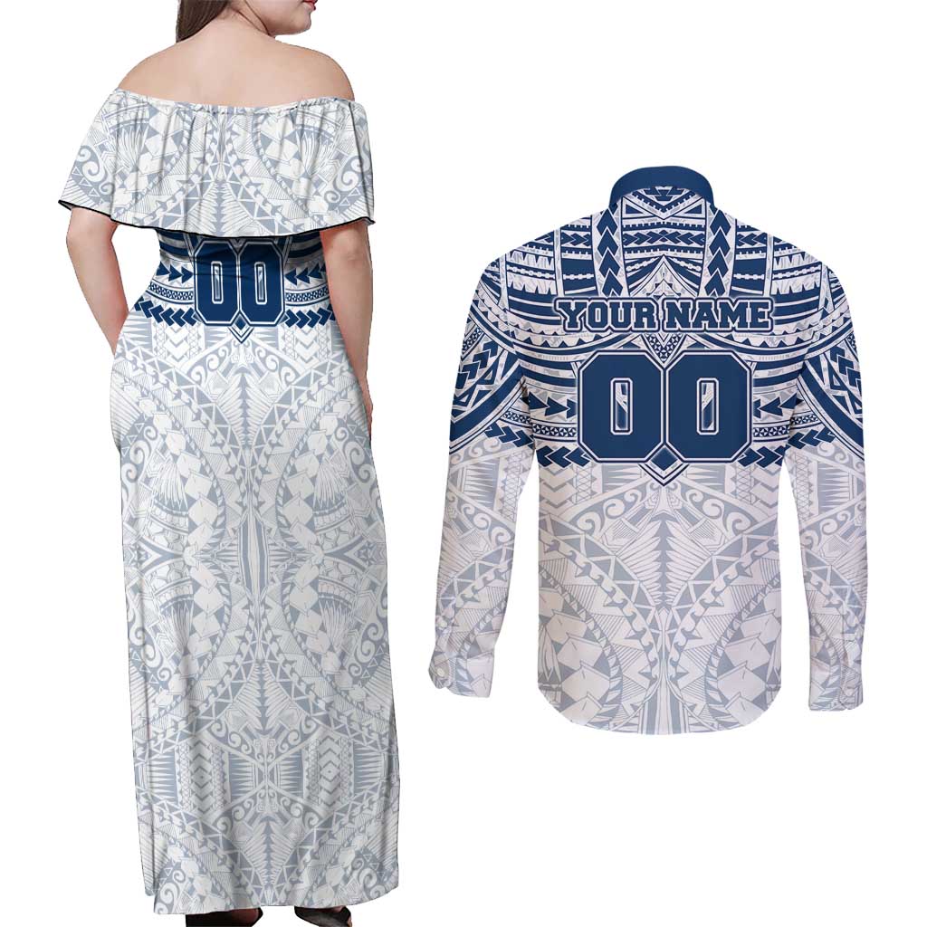 Personalized Geelong Cats Couples Matching Off Shoulder Maxi Dress and Long Sleeve Button Shirt Polynesian Tribal Pattern Heritage Football