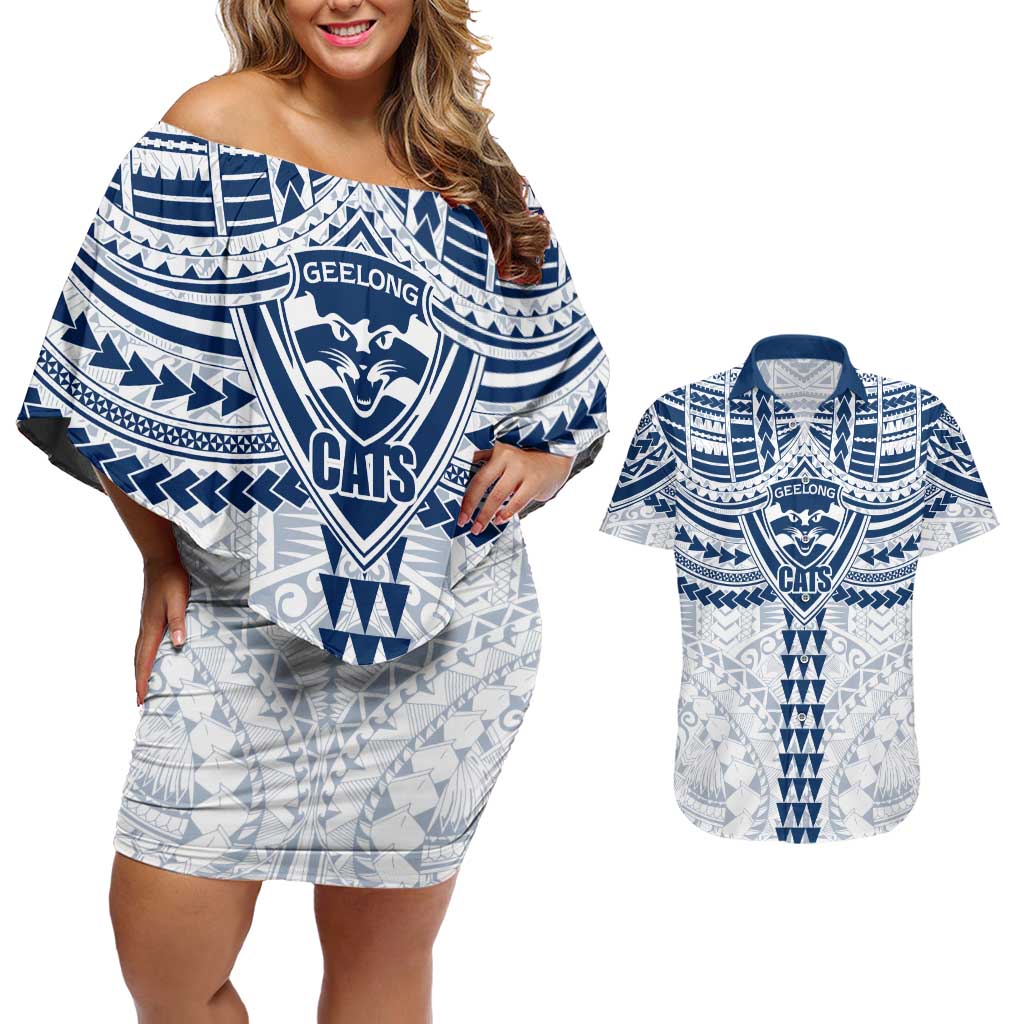 Personalized Geelong Cats Couples Matching Off Shoulder Short Dress and Hawaiian Shirt Polynesian Tribal Pattern Heritage Football
