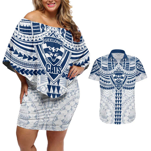 Personalized Geelong Cats Couples Matching Off Shoulder Short Dress and Hawaiian Shirt Polynesian Tribal Pattern Heritage Football