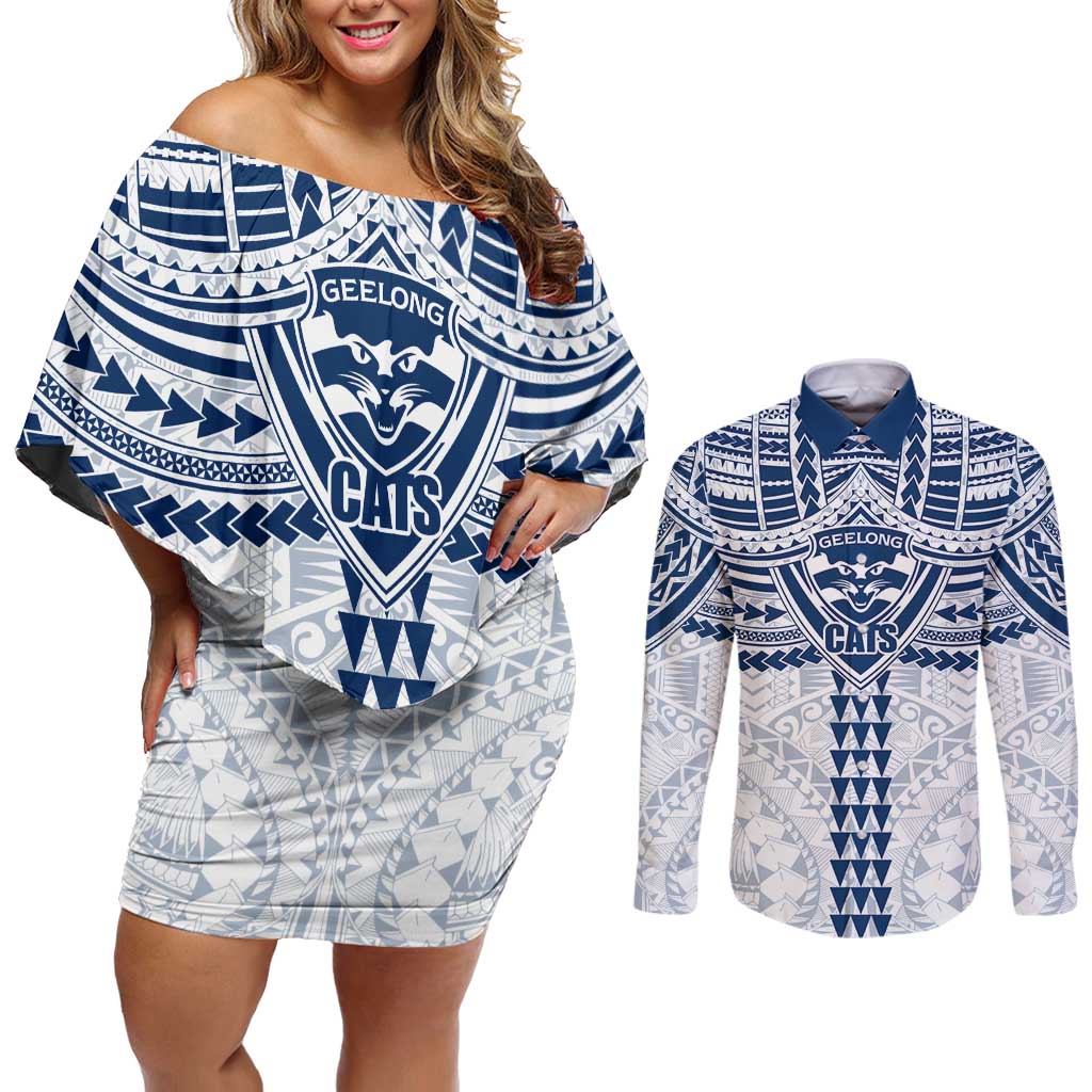 Personalized Geelong Cats Couples Matching Off Shoulder Short Dress and Long Sleeve Button Shirt Polynesian Tribal Pattern Heritage Football