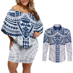 Personalized Geelong Cats Couples Matching Off Shoulder Short Dress and Long Sleeve Button Shirt Polynesian Tribal Pattern Heritage Football