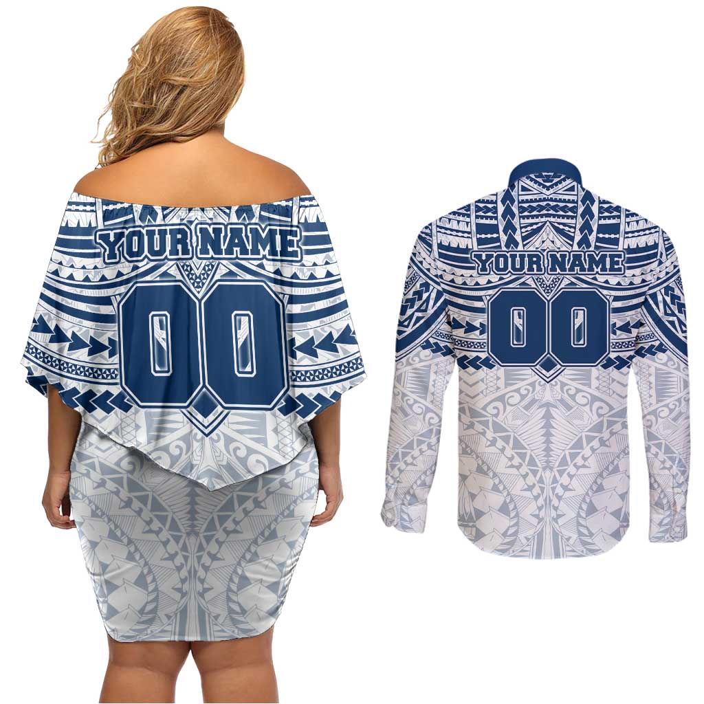 Personalized Geelong Cats Couples Matching Off Shoulder Short Dress and Long Sleeve Button Shirt Polynesian Tribal Pattern Heritage Football