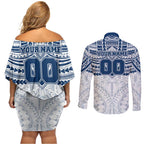 Personalized Geelong Cats Couples Matching Off Shoulder Short Dress and Long Sleeve Button Shirt Polynesian Tribal Pattern Heritage Football