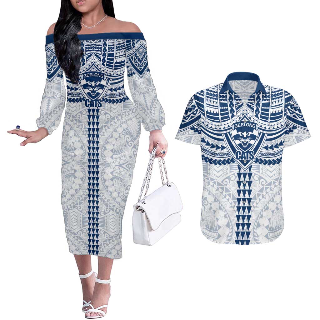 Personalized Geelong Cats Couples Matching Off The Shoulder Long Sleeve Dress and Hawaiian Shirt Polynesian Tribal Pattern Heritage Football