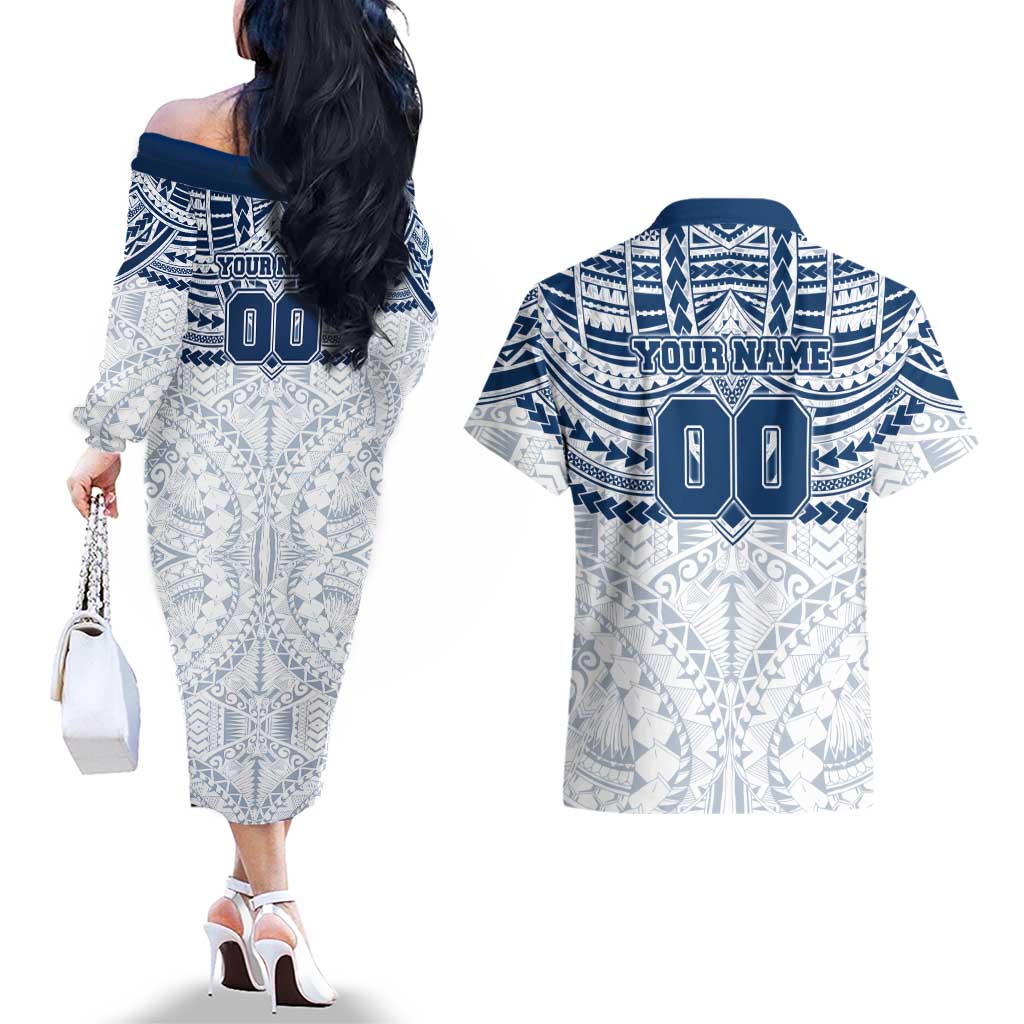 Personalized Geelong Cats Couples Matching Off The Shoulder Long Sleeve Dress and Hawaiian Shirt Polynesian Tribal Pattern Heritage Football