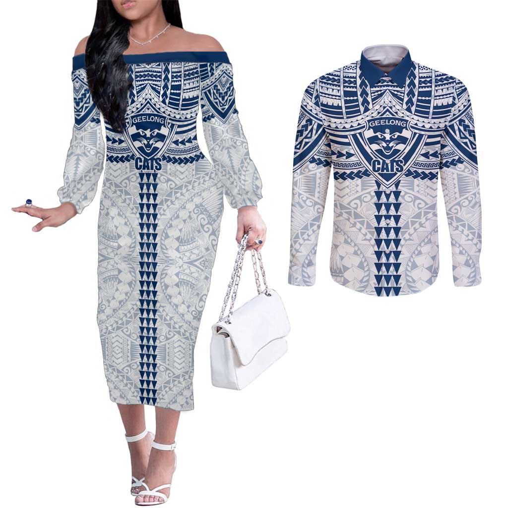 Personalized Geelong Cats Couples Matching Off The Shoulder Long Sleeve Dress and Long Sleeve Button Shirt Polynesian Tribal Pattern Heritage Football