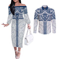 Personalized Geelong Cats Couples Matching Off The Shoulder Long Sleeve Dress and Long Sleeve Button Shirt Polynesian Tribal Pattern Heritage Football