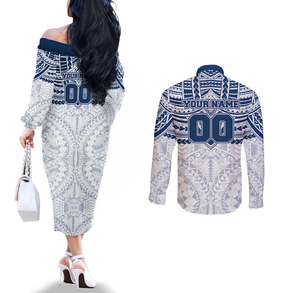 Personalized Geelong Cats Couples Matching Off The Shoulder Long Sleeve Dress and Long Sleeve Button Shirt Polynesian Tribal Pattern Heritage Football