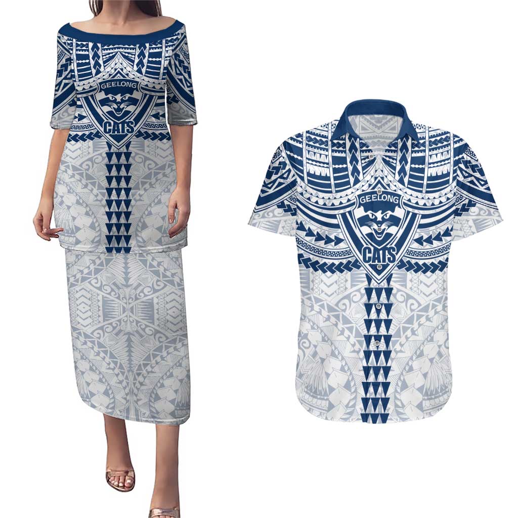 Personalized Geelong Cats Couples Matching Puletasi and Hawaiian Shirt Polynesian Tribal Pattern Heritage Football
