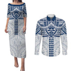 Personalized Geelong Cats Couples Matching Puletasi and Long Sleeve Button Shirt Polynesian Tribal Pattern Heritage Football