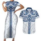 Personalized Geelong Cats Couples Matching Short Sleeve Bodycon Dress and Hawaiian Shirt Polynesian Tribal Pattern Heritage Football