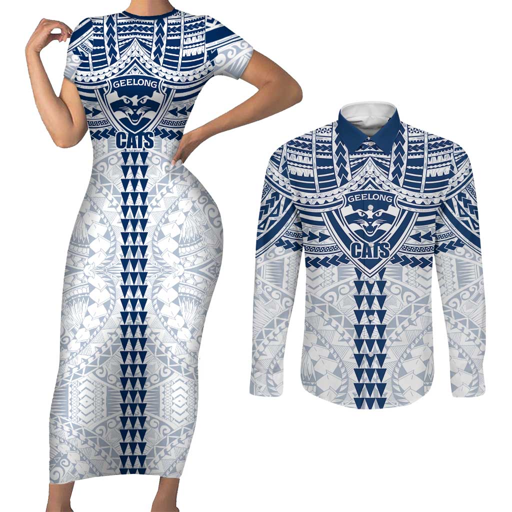 Personalized Geelong Cats Couples Matching Short Sleeve Bodycon Dress and Long Sleeve Button Shirt Polynesian Tribal Pattern Heritage Football