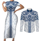 Personalized Geelong Cats Couples Matching Short Sleeve Bodycon Dress and Long Sleeve Button Shirt Polynesian Tribal Pattern Heritage Football