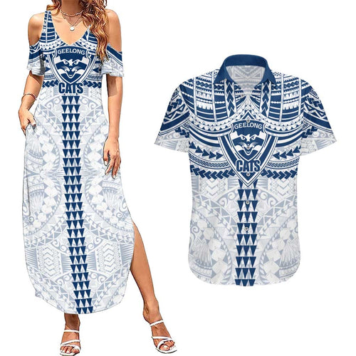Personalized Geelong Cats Couples Matching Summer Maxi Dress and Hawaiian Shirt Polynesian Tribal Pattern Heritage Football