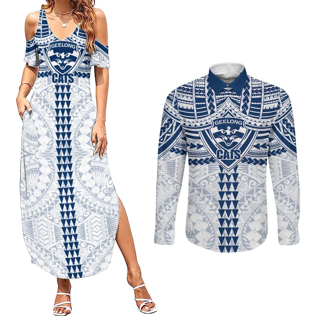 Personalized Geelong Cats Couples Matching Summer Maxi Dress and Long Sleeve Button Shirt Polynesian Tribal Pattern Heritage Football
