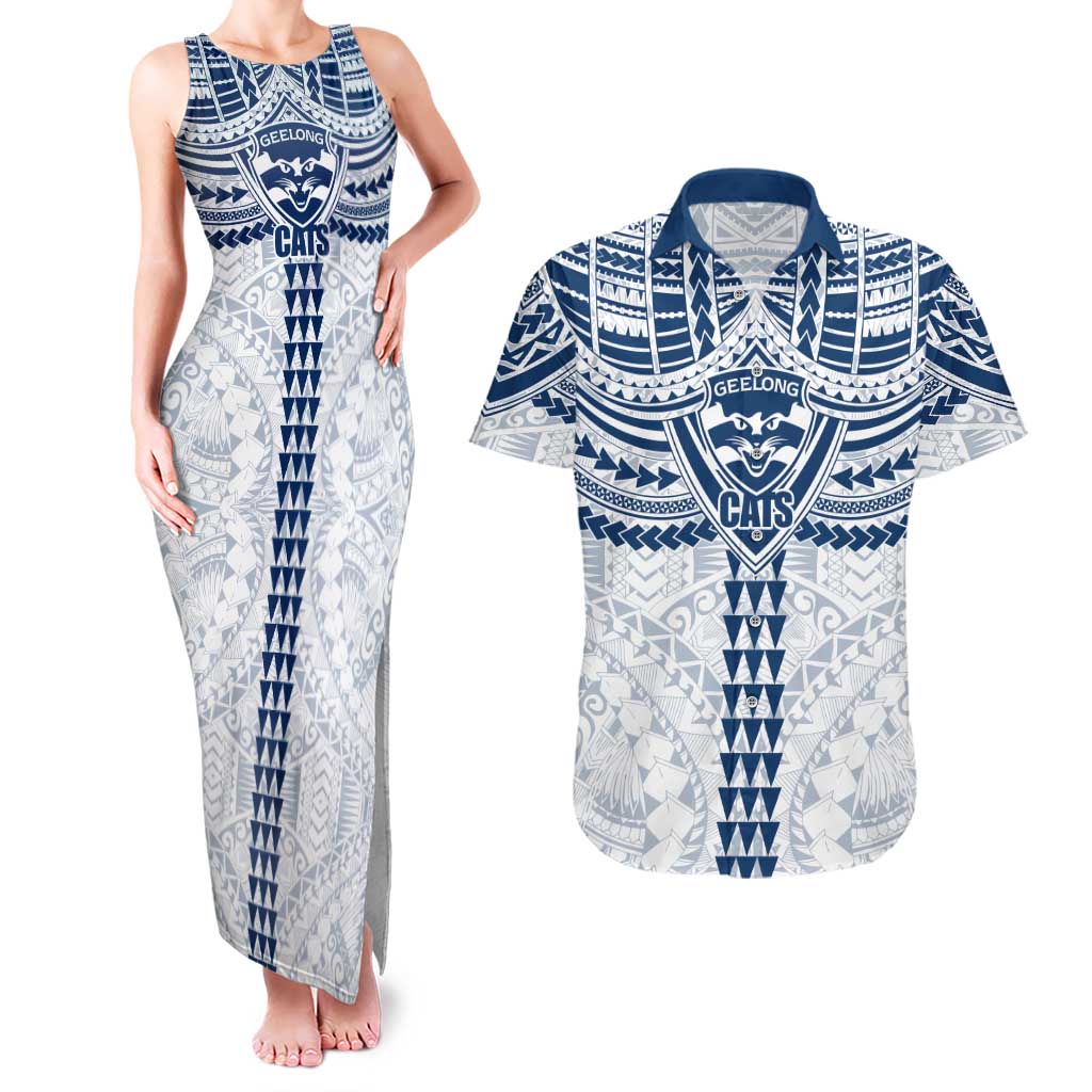 Personalized Geelong Cats Couples Matching Tank Maxi Dress and Hawaiian Shirt Polynesian Tribal Pattern Heritage Football