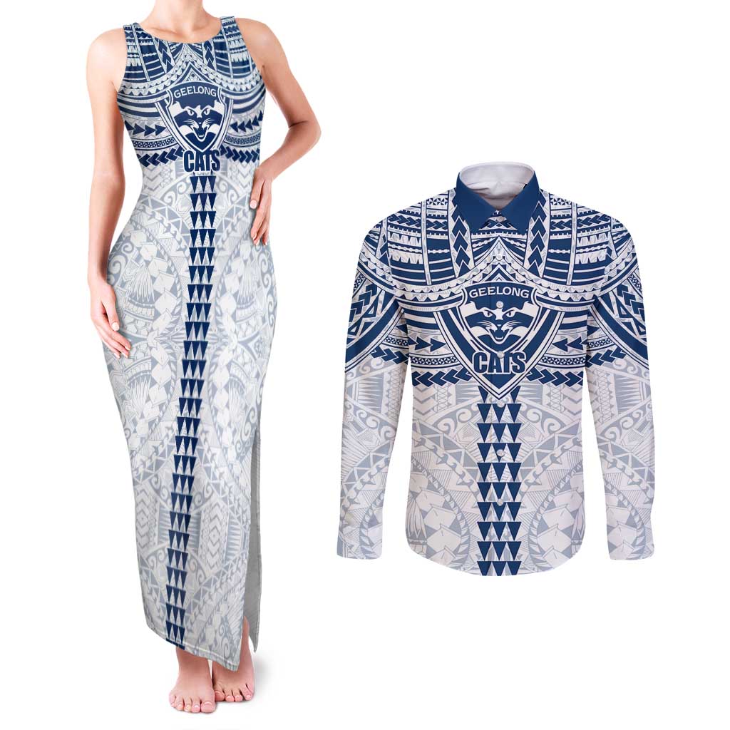 Personalized Geelong Cats Couples Matching Tank Maxi Dress and Long Sleeve Button Shirt Polynesian Tribal Pattern Heritage Football