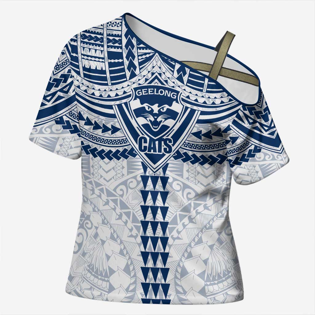 Personalized Geelong Cats Cross Shoulder Shirt Polynesian Tribal Pattern Heritage Football