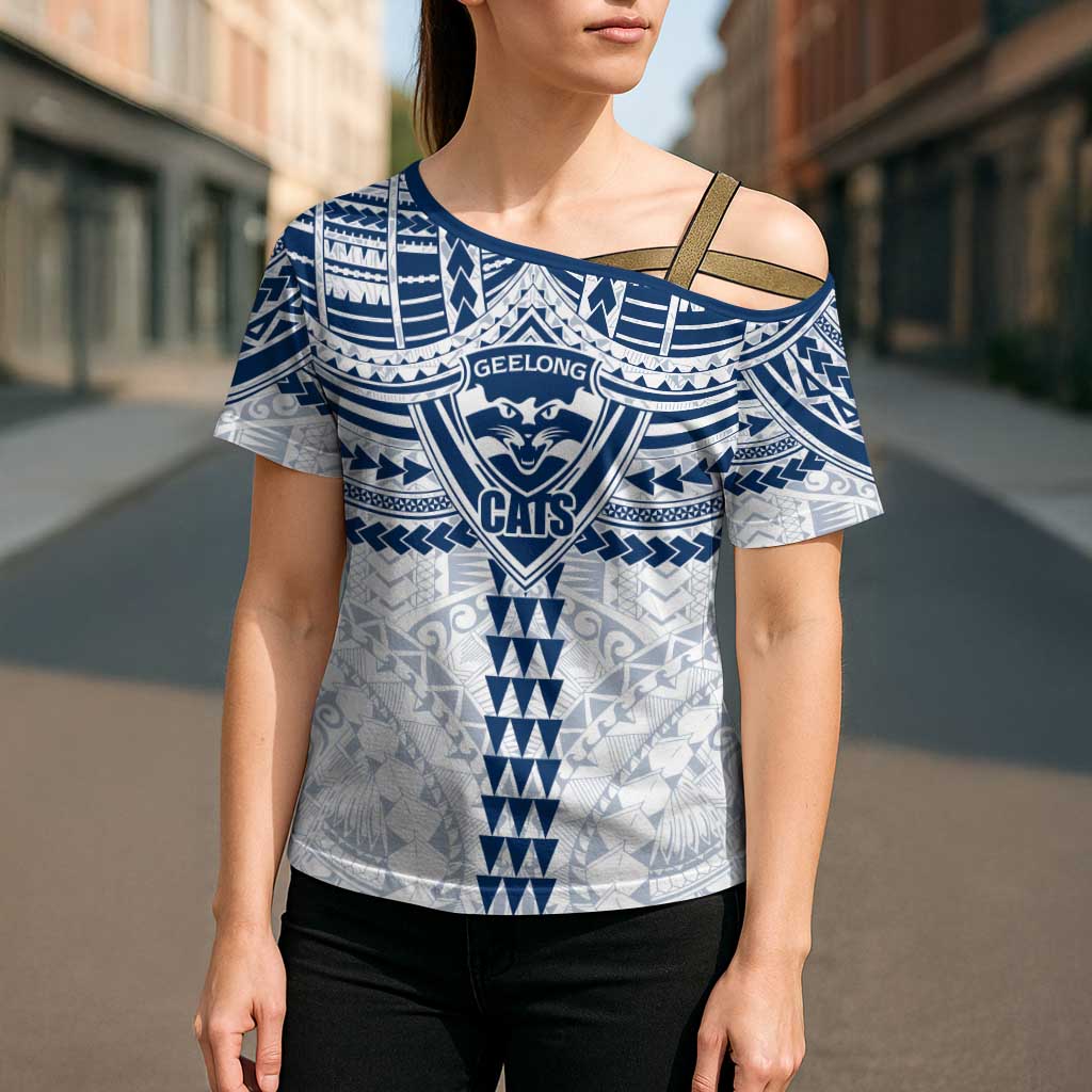 Personalized Geelong Cats Cross Shoulder Shirt Polynesian Tribal Pattern Heritage Football