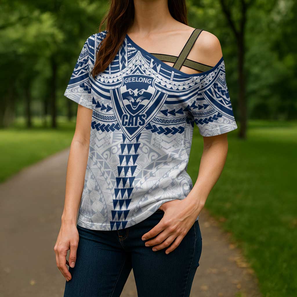 Personalized Geelong Cats Cross Shoulder Shirt Polynesian Tribal Pattern Heritage Football