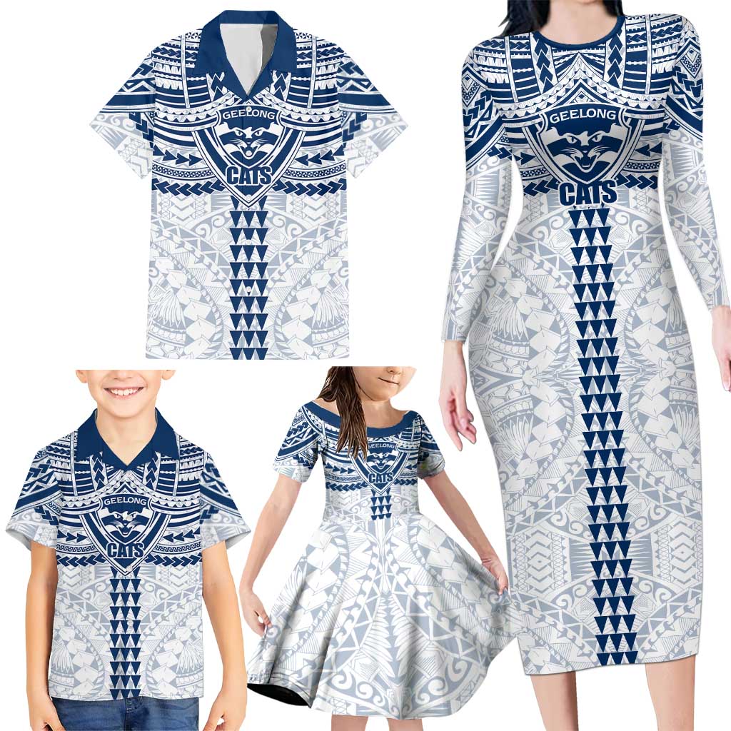 Personalized Geelong Cats Family Matching Long Sleeve Bodycon Dress and Hawaiian Shirt Polynesian Tribal Pattern Heritage Football