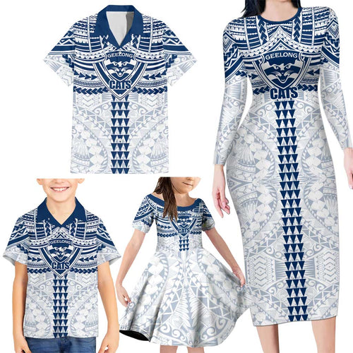 Personalized Geelong Cats Family Matching Long Sleeve Bodycon Dress and Hawaiian Shirt Polynesian Tribal Pattern Heritage Football