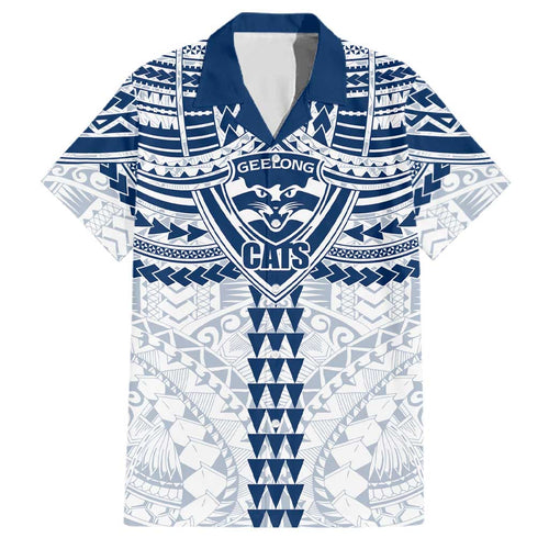 Personalized Geelong Cats Family Matching Long Sleeve Bodycon Dress and Hawaiian Shirt Polynesian Tribal Pattern Heritage Football