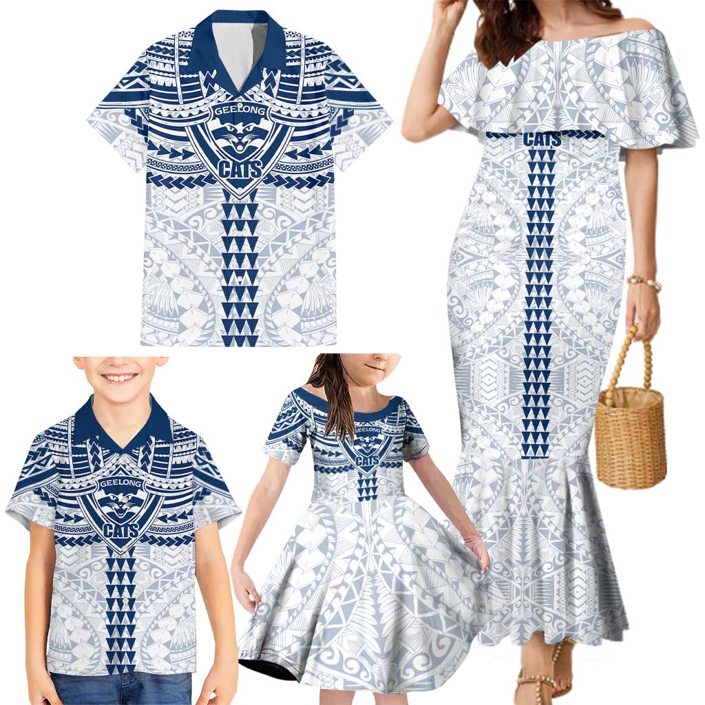 Personalized Geelong Cats Family Matching Mermaid Dress and Hawaiian Shirt Polynesian Tribal Pattern Heritage Football