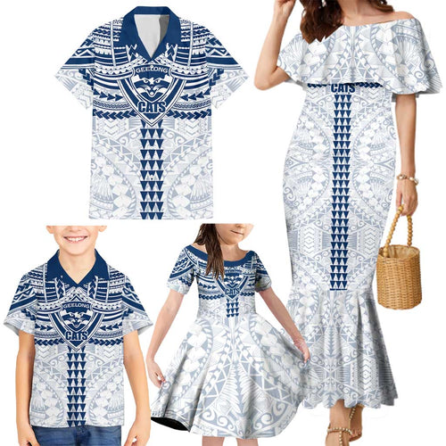Personalized Geelong Cats Family Matching Mermaid Dress and Hawaiian Shirt Polynesian Tribal Pattern Heritage Football