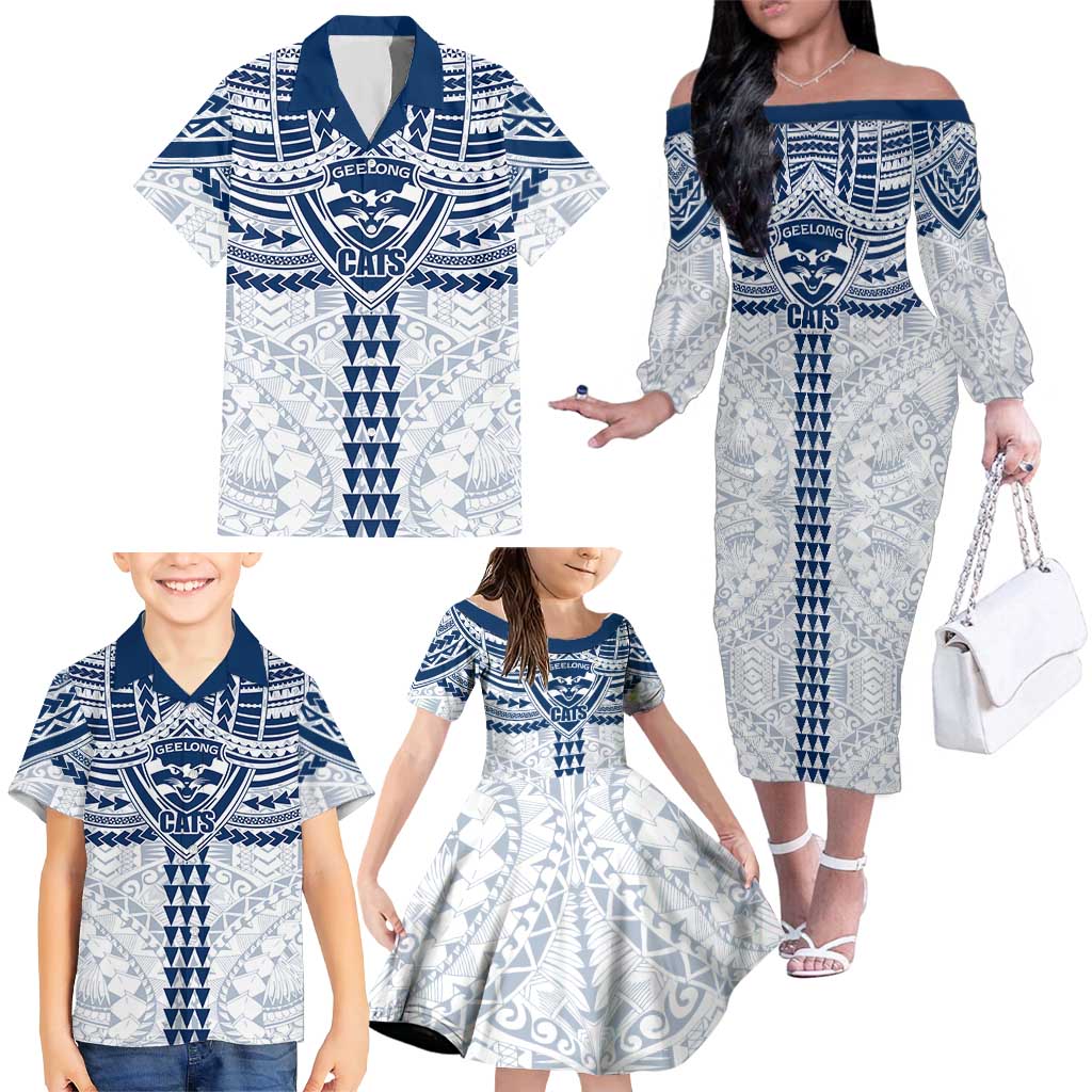 Personalized Geelong Cats Family Matching Off The Shoulder Long Sleeve Dress and Hawaiian Shirt Polynesian Tribal Pattern Heritage Football