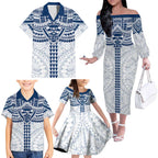 Personalized Geelong Cats Family Matching Off The Shoulder Long Sleeve Dress and Hawaiian Shirt Polynesian Tribal Pattern Heritage Football