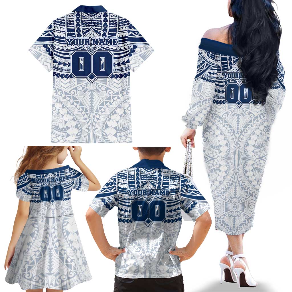 Personalized Geelong Cats Family Matching Off The Shoulder Long Sleeve Dress and Hawaiian Shirt Polynesian Tribal Pattern Heritage Football