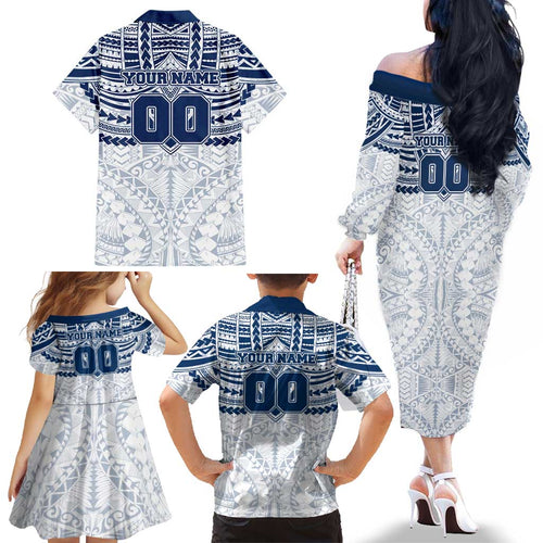 Personalized Geelong Cats Family Matching Off The Shoulder Long Sleeve Dress and Hawaiian Shirt Polynesian Tribal Pattern Heritage Football