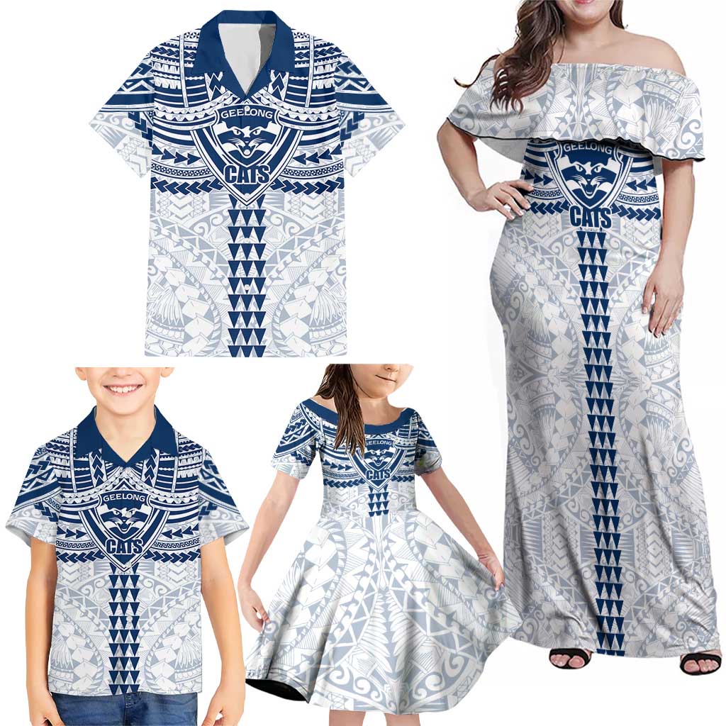 Personalized Geelong Cats Family Matching Off Shoulder Maxi Dress and Hawaiian Shirt Polynesian Tribal Pattern Heritage Football