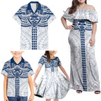 Personalized Geelong Cats Family Matching Off Shoulder Maxi Dress and Hawaiian Shirt Polynesian Tribal Pattern Heritage Football