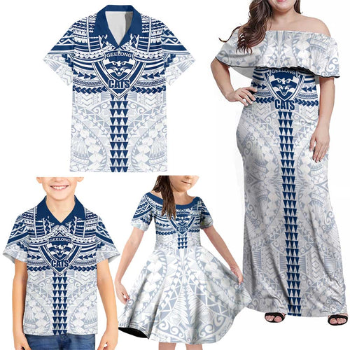 Personalized Geelong Cats Family Matching Off Shoulder Maxi Dress and Hawaiian Shirt Polynesian Tribal Pattern Heritage Football