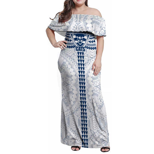 Personalized Geelong Cats Family Matching Off Shoulder Maxi Dress and Hawaiian Shirt Polynesian Tribal Pattern Heritage Football