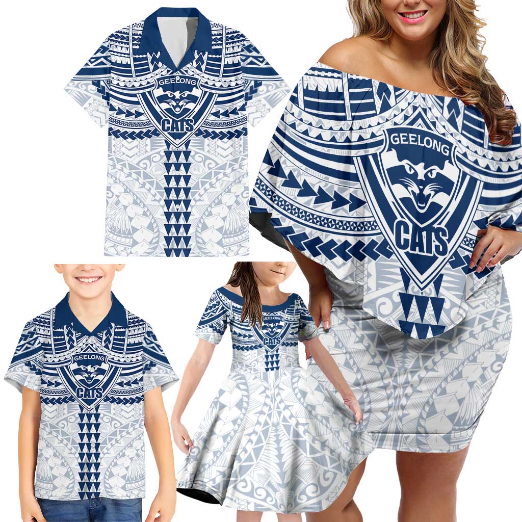 Personalized Geelong Cats Family Matching Off Shoulder Short Dress and Hawaiian Shirt Polynesian Tribal Pattern Heritage Football