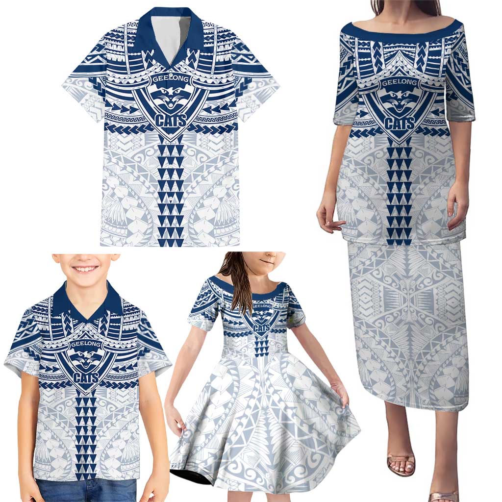 Personalized Geelong Cats Family Matching Puletasi and Hawaiian Shirt Polynesian Tribal Pattern Heritage Football