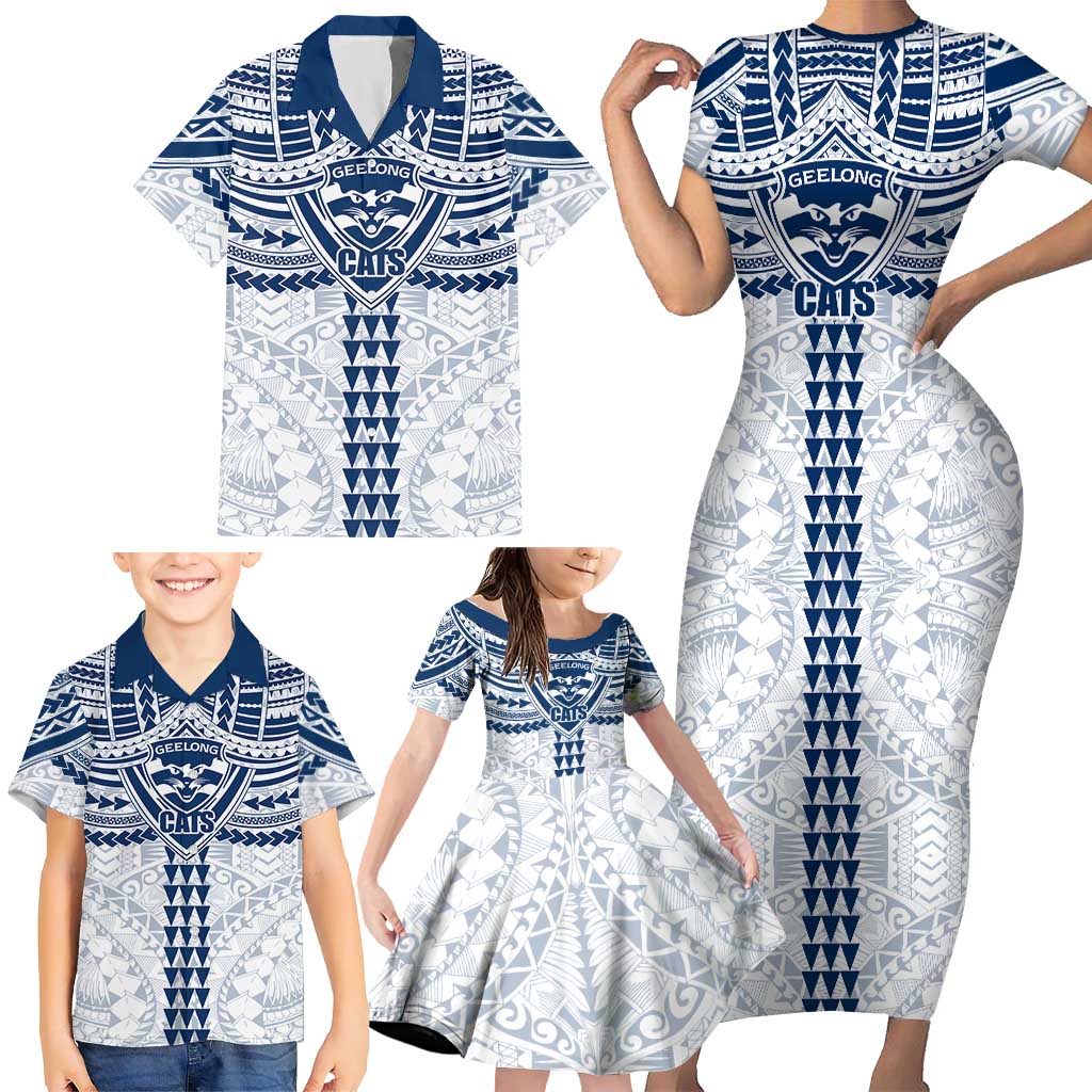 Personalized Geelong Cats Family Matching Short Sleeve Bodycon Dress and Hawaiian Shirt Polynesian Tribal Pattern Heritage Football