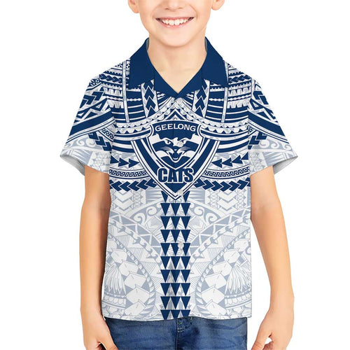 Personalized Geelong Cats Family Matching Short Sleeve Bodycon Dress and Hawaiian Shirt Polynesian Tribal Pattern Heritage Football