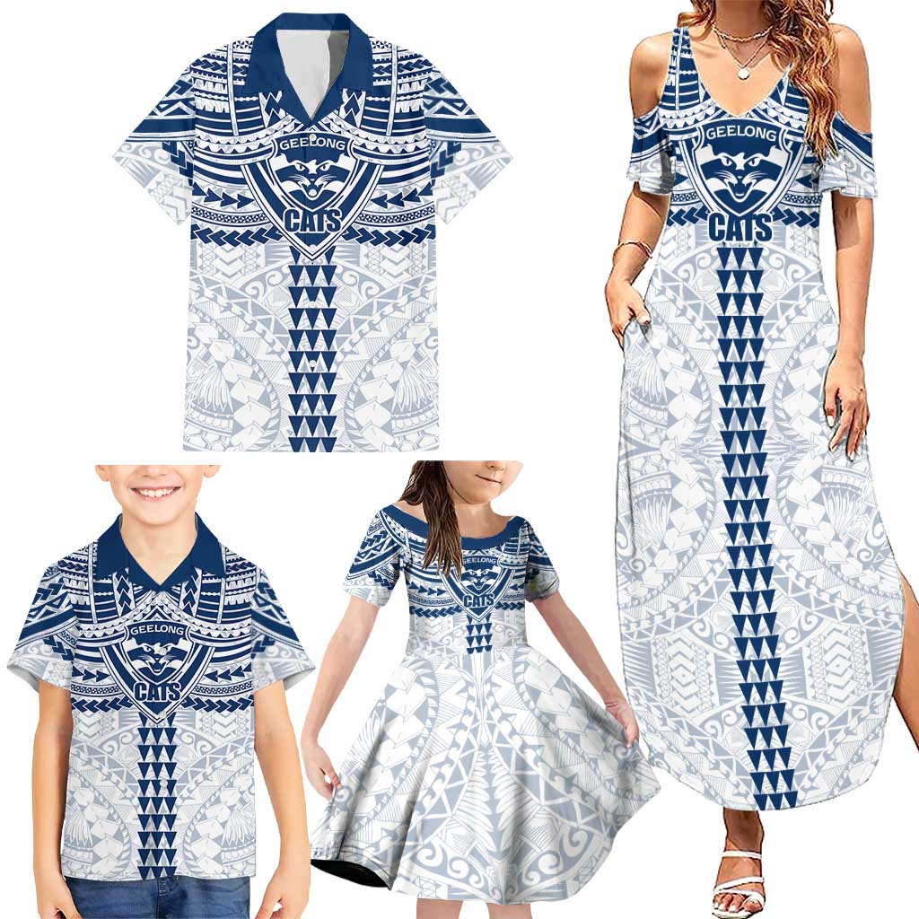 Personalized Geelong Cats Family Matching Summer Maxi Dress and Hawaiian Shirt Polynesian Tribal Pattern Heritage Football