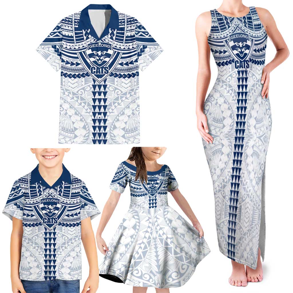 Personalized Geelong Cats Family Matching Tank Maxi Dress and Hawaiian Shirt Polynesian Tribal Pattern Heritage Football