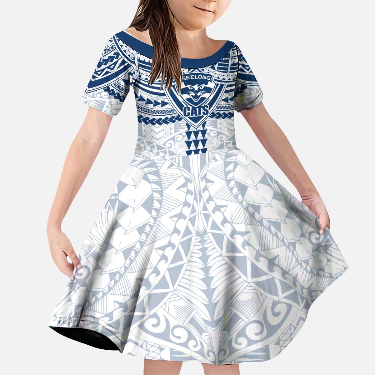 Personalized Geelong Cats Kid Short Sleeve Dress Polynesian Tribal Pattern Heritage Football
