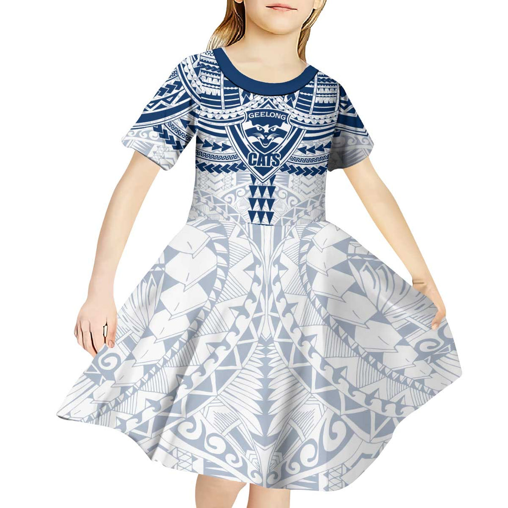 Personalized Geelong Cats Kid Short Sleeve Dress Polynesian Tribal Pattern Heritage Football
