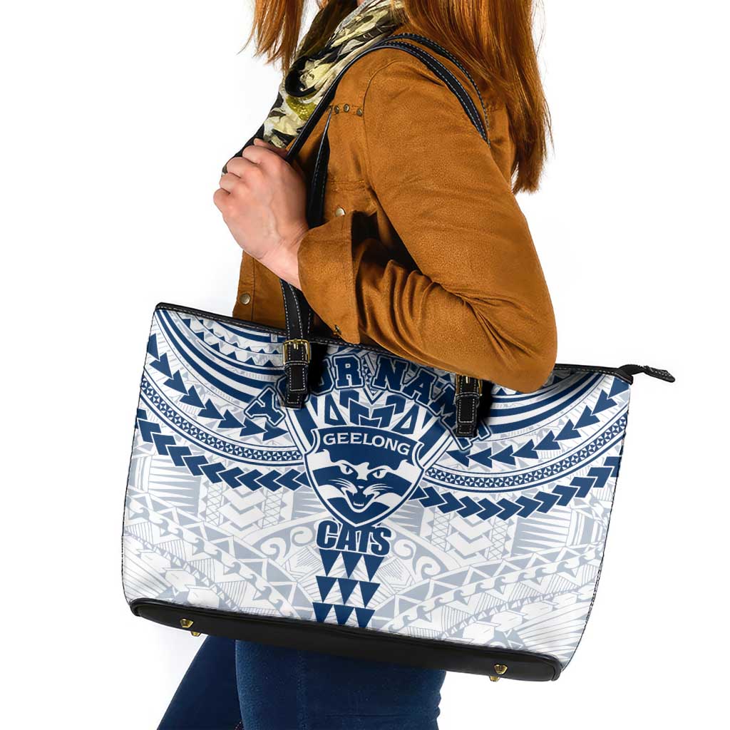 Personalized Geelong Cats Leather Tote Bag Polynesian Tribal Pattern Heritage Football