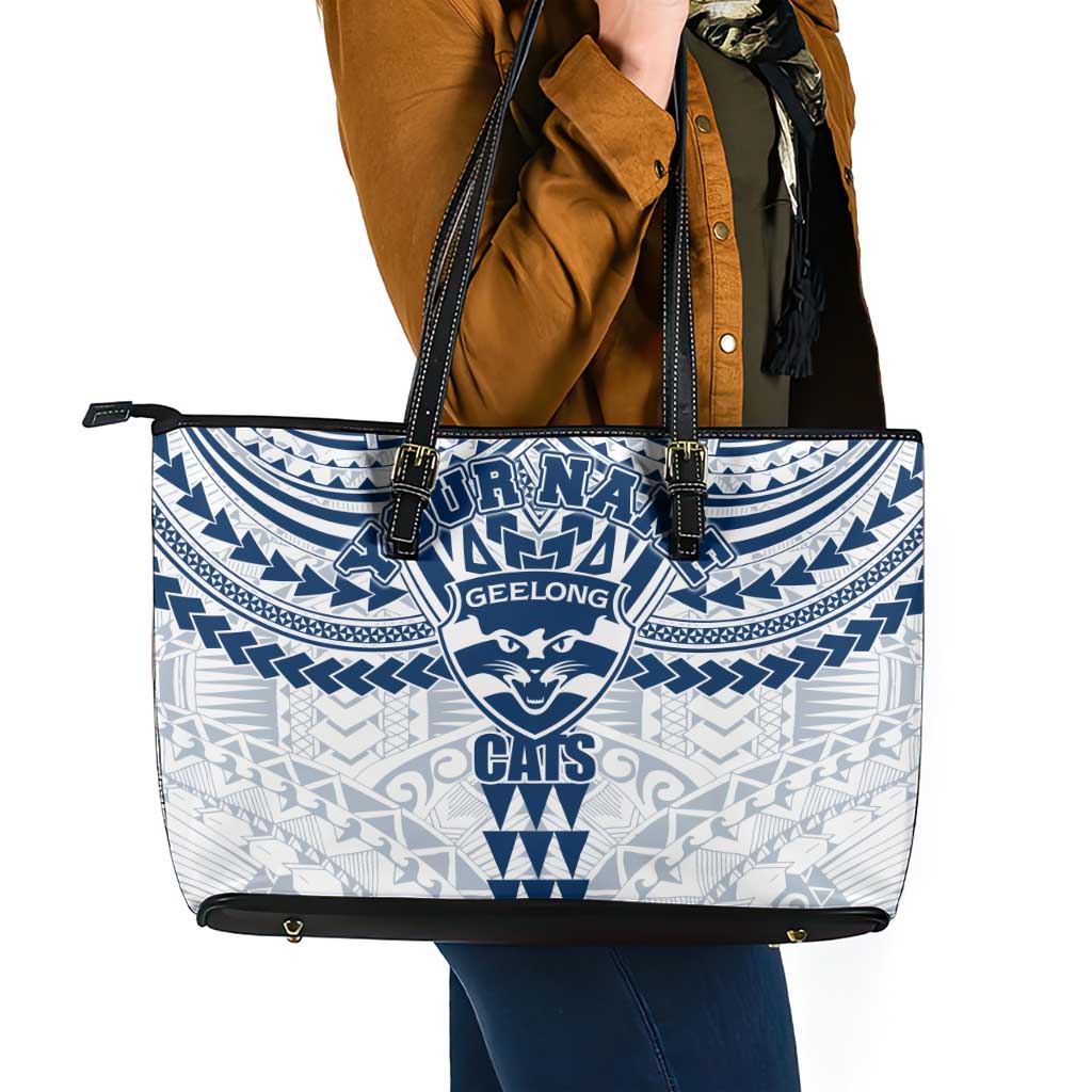 Personalized Geelong Cats Leather Tote Bag Polynesian Tribal Pattern Heritage Football