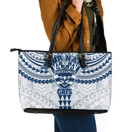 Personalized Geelong Cats Leather Tote Bag Polynesian Tribal Pattern Heritage Football