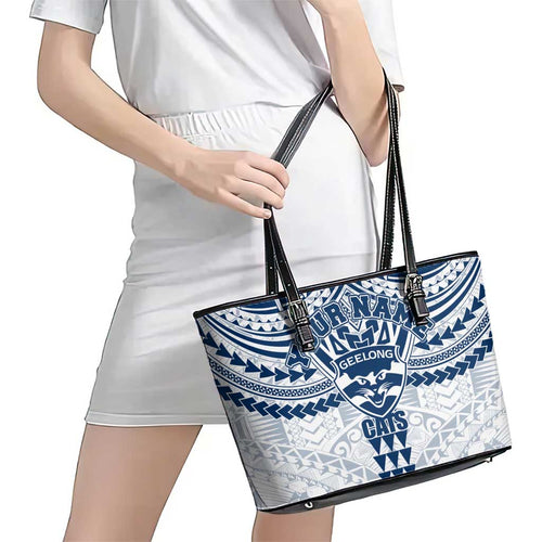 Personalized Geelong Cats Leather Tote Bag Polynesian Tribal Pattern Heritage Football